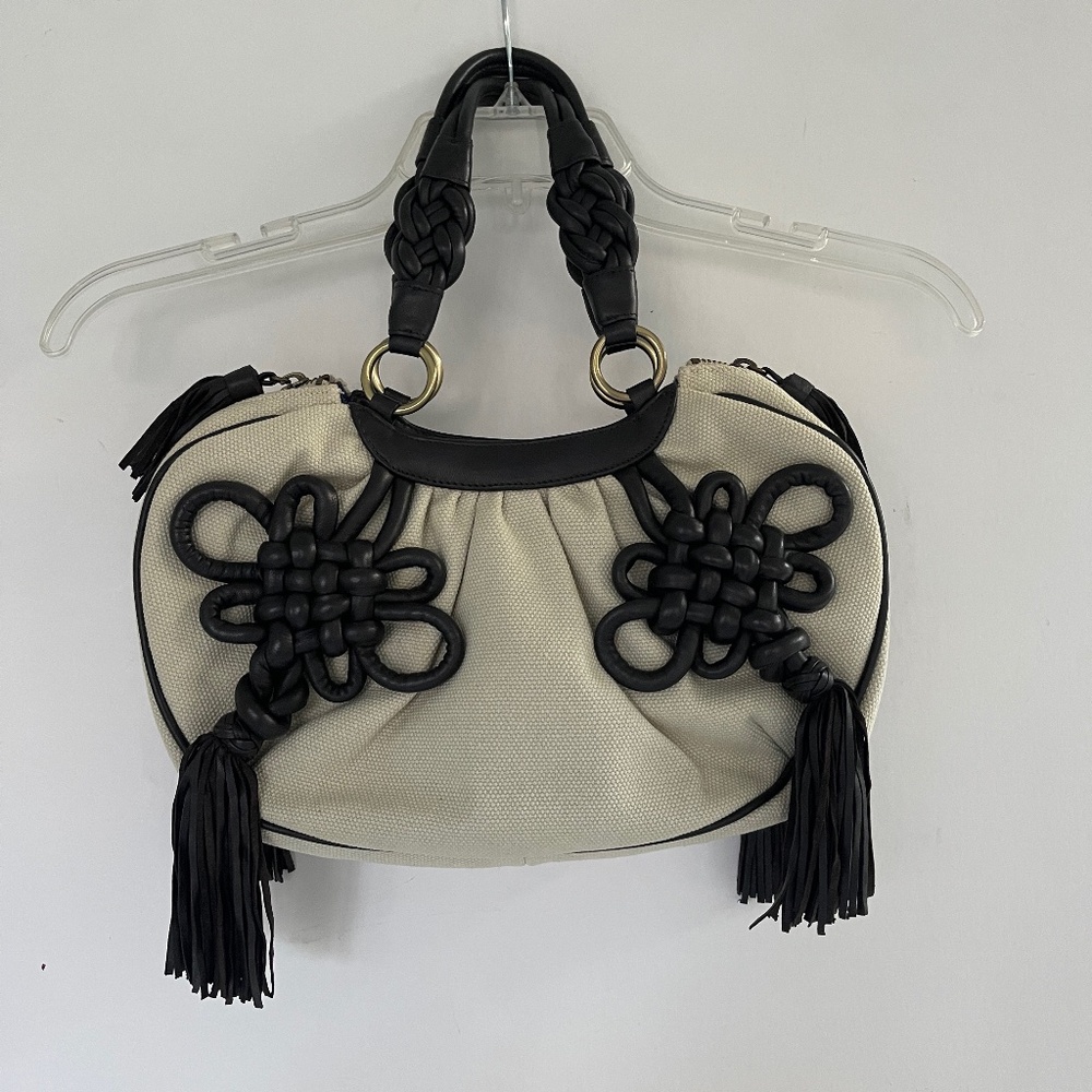 NWOT Shanghai Tang Canvas Shoulder Bag with Dark Brown Leather Embellishments